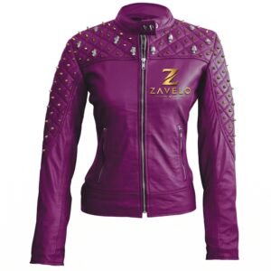 Women’s Purple Quilted Gold Studded Leather Jacket