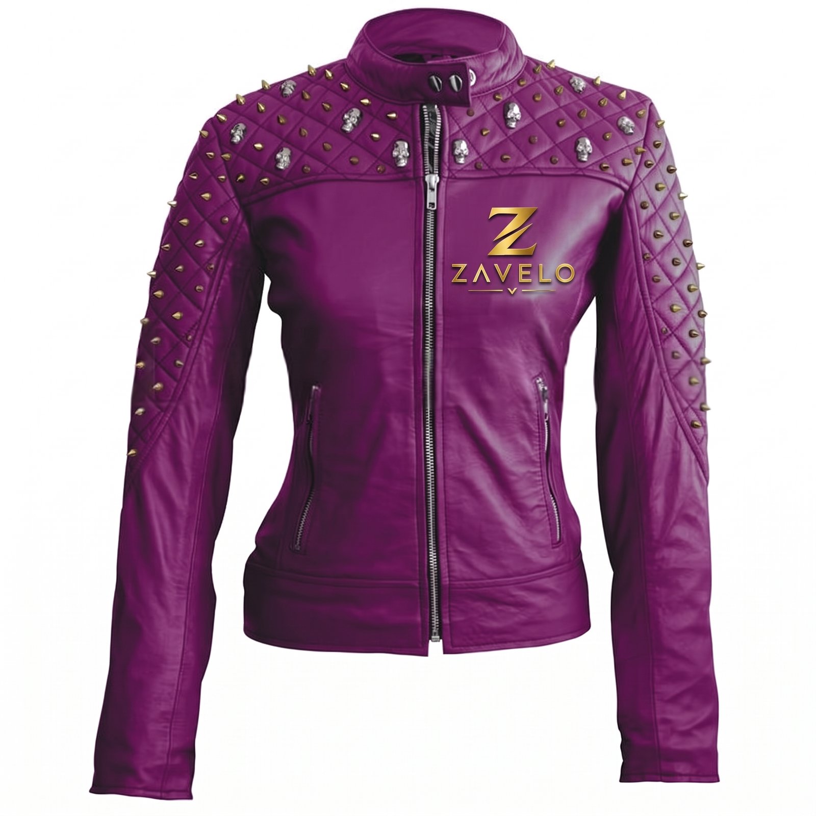 Women's Purple Quilted Gold Studded Leather Jacket