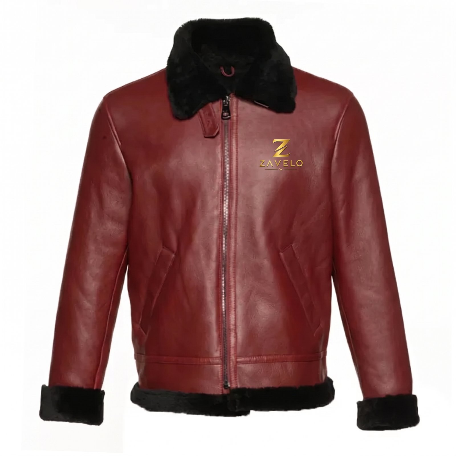 Zavelo Burgundy B3 Bomber Shearling Jacket