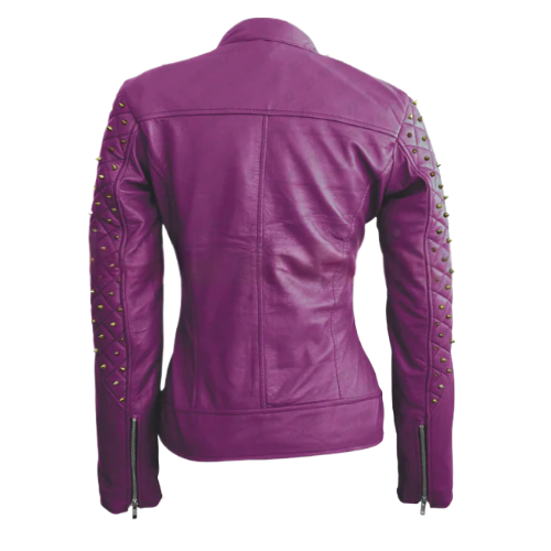 Women's Purple Quilted Gold Studded Leather Jacket - Image 2